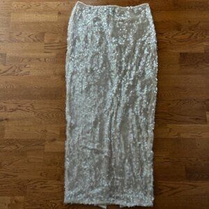 Pretty Little Thing Sequin Light nude sheer maxi skirt long Beige Bodycon Slit